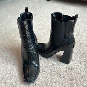 Black Croc-Embossed Ankle Boots